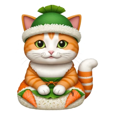 cat with its paws crossed wearing a hat made out of sushi sticker