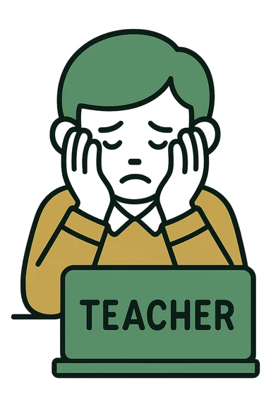 teacher with head in hands, burnt out, minimalistic, green gold and white color scheme, clean lines sticker