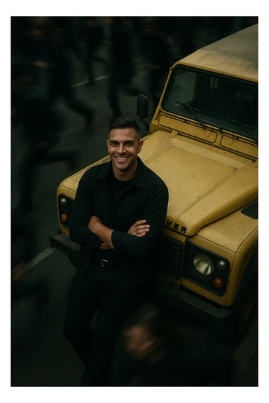 An aerial cinematic shot of me leaning against a yellow land rover defender on the street, wearing a t-shirt under a black jacket. A blurry crowd of people running around me. Gloomy lighting, 35mm film style, shallow depth of field, sharp focus on me.  sticker