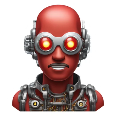 Red round male cyborg head with silver goggles, silver goatee and circuits sticker