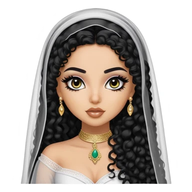 Saudi beauty, pretty bratz baddie, black eyeliner, long black curly hair, veil, khaliji fashion, light skin sticker