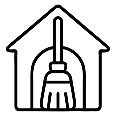 a cartoon broom in a doghouse, outlined style sticker