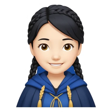 braid black hair, white asian girl, dark blue cloak, happy smaile sticker