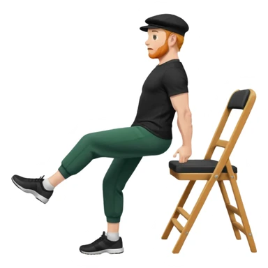 גבר זקן ג'ינג'י מלא כובע שחור הפוך חולמה שחורה ומכנסיים ירוקות ארוכות מבצע תרגיל לאנג' בתמיכת כיסא מהצד שתי רגליים על הרצפה מח^זיק כיסא בידו  תמיכה קלה ידו על משענת הכיסא sticker