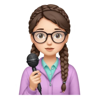 A shy braid brunette singer girl in pastel clothes with glasses, holding the mic with both hands. sticker