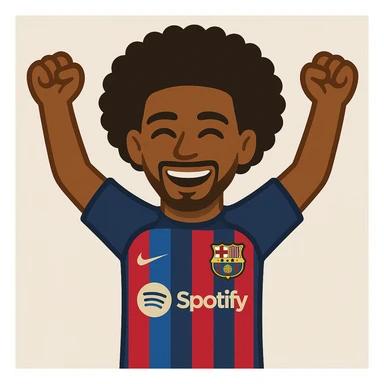 Add afro hair to Raphinha, Barcelona football player, celebrating a goal, arms raised, wearing Barcelona kit. The style should resemble emoji style. sticker