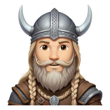 Clash of Clans aesthetic: Beautiful and Majestic Viking Portrait Emoji, Rendered in serene confidence with a gentle, enigmatic smile and a refined, weathered Viking helmet, showcasing a noble, sturdy build with long braided hair and a dignified beard, his face in natural skin tone, Simplified yet exquisitely endearing features, highly detailed, glowing with a soft, majestic Nordic light, high shine, calm and heroic, stylized with an air of timeless Norse elegance, soft glowing outline, capturing the essence of a majestic Viking whose noble spirit inspires epic quests! sticker