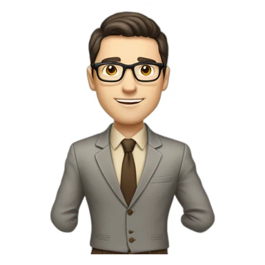 Pale skinned fit man with dark brown hair in gray jacket, beige office shirt, brown tie, brown pants and vintage glasses Writing on a marker board sticker