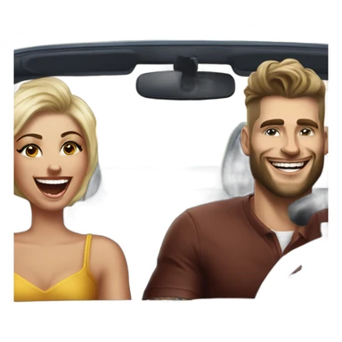 Hyper Realistic gorgeous woman and a handsome tattooed man laughing while driving in a fancy car sticker