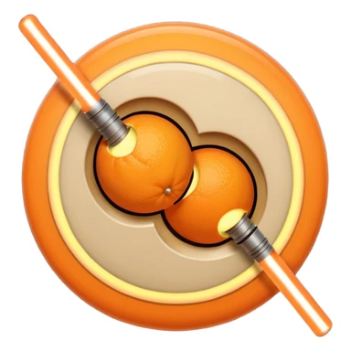 Two beige circles squished together , with a orange light saber  sticker
