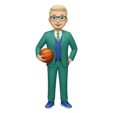 Full Body white male plus size wearing glasses with a goatee with light blonde and gray very short hair happy basketball head Coach in blue and green suit sticker