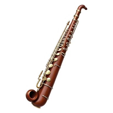 Create a detailed and elegant emoji representing a bassoon. The design should showcase the long, slender wooden body of the bassoon with its distinct curves and metal fittings. Highlight the keywork and metal rings around the joints, with subtle light reflections on the wood to give it a polished appearance. The top of the bassoon should have the characteristic metal bell, and the reed should be clearly visible at the mouthpiece. Use warm wood tones like deep brown and mahogany for the body, with silver or brass accents for the metal parts. Add soft musical notes or soundwaves around the instrument to evoke its rich, deep sound. The background should be transparent. sticker