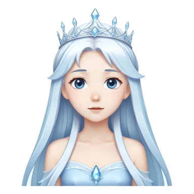 Beautiful anime ice queen with white long pretty hair with light-blue streaks, wearing an icy thin long dress and a silver tiara sticker