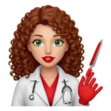 Lilith symbol sexy evil woman. She has green eyes.  had brown long curly hair.  evil surgeon kills with scalpel wears red sexy doctor coat with red mouth cover red gloves. Covers nose, neck  and mouth with Muslim red berka sticker