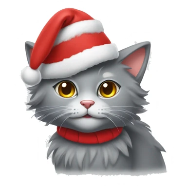 Fluffy gray cat with Christmas hat sticker
