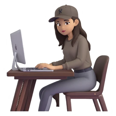A professional 3D avatar of a young woman with olive skin and long, dark brown hair, wearing a dark, long-sleeved dark taupe shirt and a black baseball cap. She's sitting at a sleek wooden desk, typing on a silver MacBook. sticker