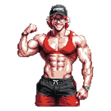 Thin man with defined muscles, black and white cap with VANOMAS text, bare torso, red shorts, clear glasses, messy light hair, flexing and smiling sticker