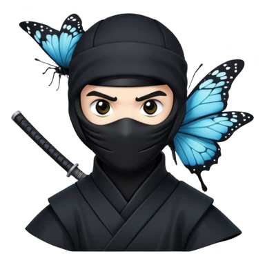 Emoji  con estos dos emojis 🦋 🥷🏻.
Ninja vestido de negro con los ojos de color negro y la piel blanca y con la mariposa posada en su hombro izquierdo como si estuviera volando en su hombro. sticker
