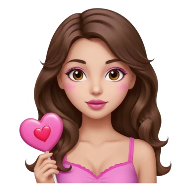 girl with long wavy brown hair, brown eyes, long lashes makeup, sexy pink lips, light to medium complexion, wearing a pink sexy top,, heart lillipop sticker