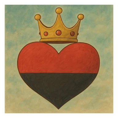 Make the heart's red and black split horizontal (top half red, bottom half black), keep the queen's crown and Ghibli style sticker