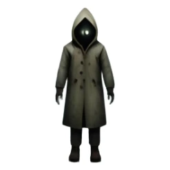 An icon representing a horror game, inspired by Silent Hill 2. The design features a foggy, eerie street with a shadowy figure in the distance. Creepy, dim lighting and dark, abandoned buildings set the tense atmosphere. Transparent background enhances the unsettling mood. sticker