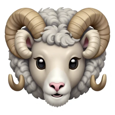 Cinematic Cute Ram Portrait Emoji, Head tilted playfully and inquisitively, featuring a dense, woolly grey fur with charming curled horns, round, sparkling dark eyes filled with curiosity, Simplified yet irresistibly adorable features, highly detailed, glowing with a warm, friendly glow, high shine, affectionate and spirited, stylized with a touch of rugged whimsy, bright and endearing, soft glowing outline, capturing the essence of a mischievous yet loving ram, so playful it feels like it could butt its way out of the screen and into your arms! sticker