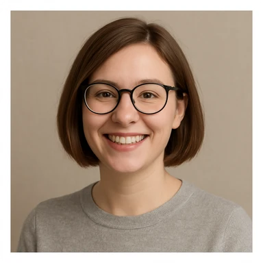 white female with brown bobbed hair, smiling, wearing glasses, neutral background, upper body portrait sticker