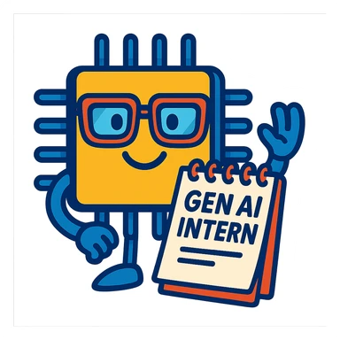 smiling AI chip with glasses and a notepad, representing a Gen AI intern, vibrant cartoon style sticker