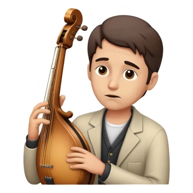 sad musician looking up with a thoughtful expression, holding an instrument sticker