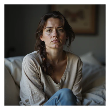 hyperrealistic 4K image of a woman with PCOS sitting with a curved posture and tired face, dull eyes, dark circles, acne, facial hair, thinning hair, simple clothing, realistic home environment sticker