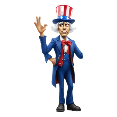 Uncle Sam with pitiful eyes holds a sign at full height waist photorealistic serious sticker