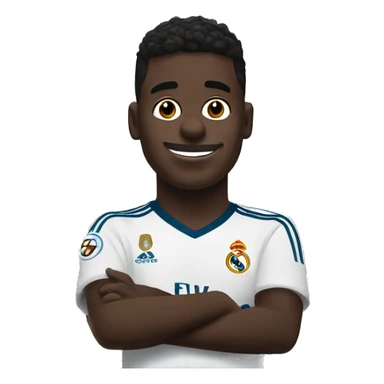 Create a crying Vinicius emoji in Real Madrid gear next to the Santiago Bernabéu stadium sticker