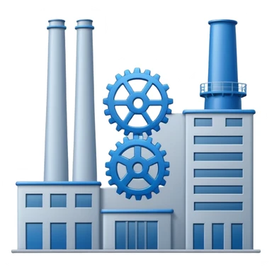 "A minimalist vector icon of a modern manufacturing factory building with a gear symbol above it. Blue and grey color scheme, flat design, white background, simple thick lines, professional business logo style." sticker