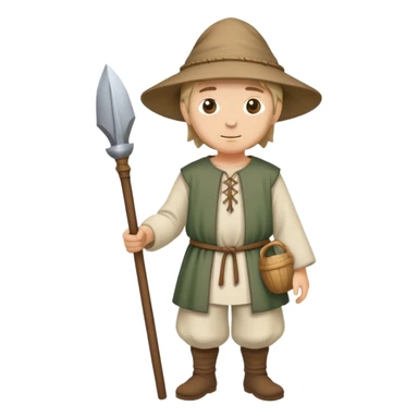 Full body of medieval peasant commoner in simple cloth clothing and hat sticker