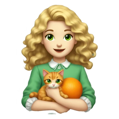 A girl with dark long blonde wavy hair and big green eyes, big lips and smiling, holding an orange cat and both of them are wearing vintage french clothes sticker