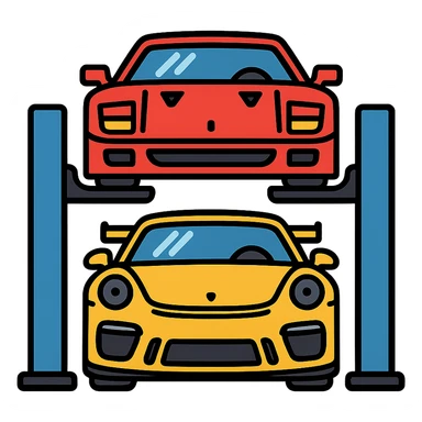 front view of a Ferrari F40 on a car lift with a yellow Porsche GT3 RS underneath, both cars fully visible, cartoon style, bold outlines sticker