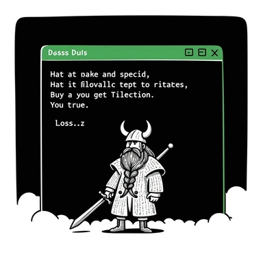 Retro computer command prompt window with the prompt 'Doss', featuring a detailed ASCII art viking with a beard inside, black and green retro style sticker