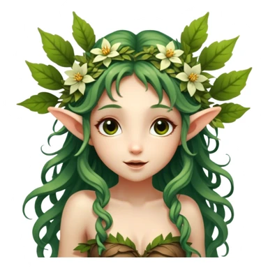 Cinematic Realistic Forest Nymph Fairy Portrait, head tilted playfully and inquisitively, showcasing a nature-inspired form with intricately detailed, sunlit tanned skin and cascading hair interlaced with leaves and blossoms. Her bright, curious eyes sparkle with forest mischief, rendered with lifelike clarity and warm, dappled lighting that captures the spirit of an enchanting woodland fairy ready to dance among the trees. sticker