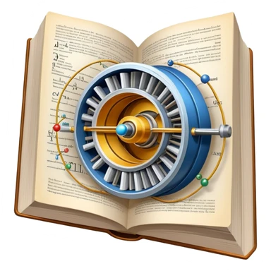 An icon featuring a physics textbook, a large Hadron Collider with particles flying off, symbolizing the study of physics. The design includes atomic models, energy waves, and scientific formulas, representing fundamental physical principles and research. Transparent background. sticker