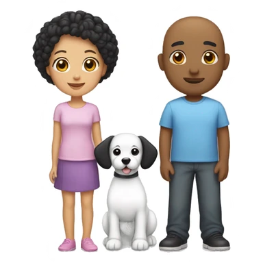 A dad with light skin, bald. A mom with light skin and short black hair. A daughter with medium skin with straight black hair. Another daughter with light skin and black hair. Bichon dog sticker