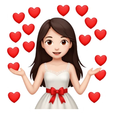 A beautiful girl with long, dark brown hair, fair skin, and a lovely white dress, is overjoyed with love and surrounded by hearts. sticker
