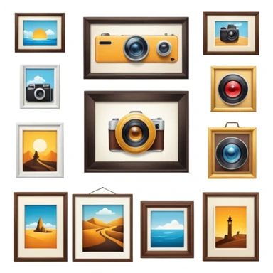 Icon for Photograph and Poster Collecting: a collection of photographs and movie posters, neatly displayed on a wall or in frames. The icon should evoke the nostalgia and artistic value of collecting rare images and posters. Transparent background. sticker