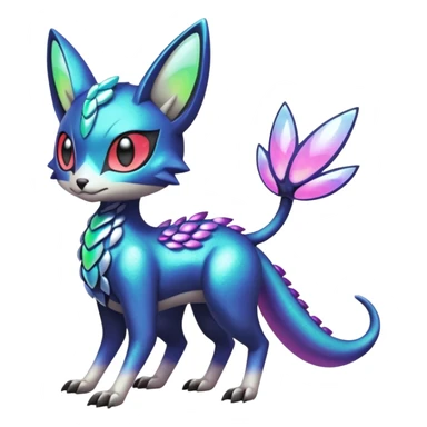 Shiny exotic animalistic feral Colorful glowing glossy smooth soft silky Futuristic Cyber-Vernid-Trico-Meloetta-Latias-Koraidon-Peppercat-Protogen-Pokémon-Digimon-Fakémon-fusion-hybrid-creature sticker