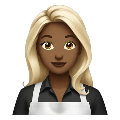 Hair stylist in a black apron. Blonde balayage with a darker root. Iced coffee in hand. Long hair sticker