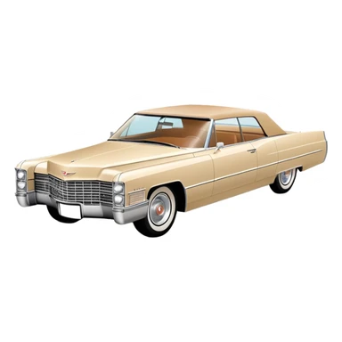 Geometric beige 1966 Cadillac DeVille, reduced to simple shapes, minimalist 30-degree view, basic forms only, Once Upon a Hollywood inspired, iOS emoji style sticker