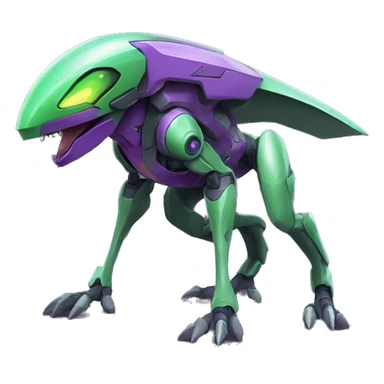 a purple-green Genesect-Raptor-Fakémon—hybrid with a futuristic visor-helmet full body sticker