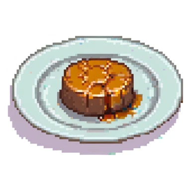 pixel art, minimal pudding with caramel top on a plate sticker