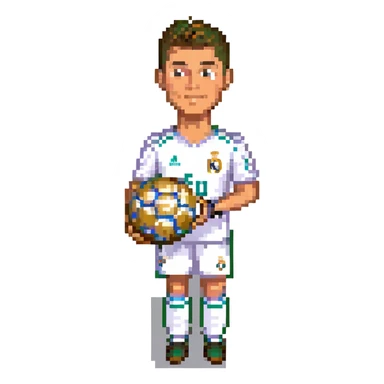 Cristiano Ronaldo in Real Madrid soccer uniform holding the Golden Ball trophy sticker