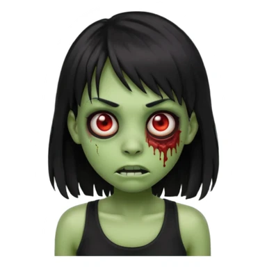 Zombie emoji with long black hair and bangs, with green skin, big red eyes, small nose, and a simple black tank top.  sticker