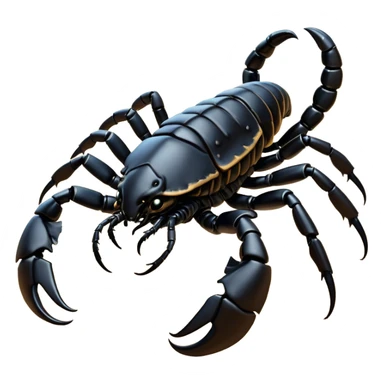 Cinematic Noble Emperor Scorpion Portrait Emoji, Poised and formidable, with a robust, armored build and a glossy, jet-black exoskeleton accented by striking, segmented pincers, deep-set piercing eyes, Simplified yet sharp and sophisticated features, highly detailed, glowing with a cool, dignified glow, high shine, intelligent and imposing, stylized with an air of ancient desert majesty, focused and attentive, soft glowing outline, capturing the essence of a watchful and commanding scorpion that feels as though it could silently creep out of the screen with effortless authority! sticker